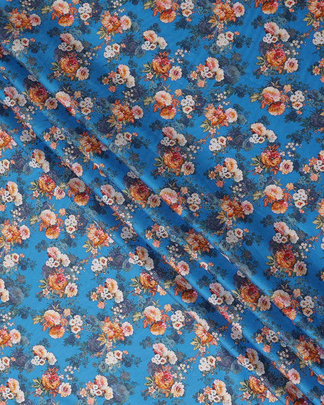 Cerulean Blue Bouquet Cotton Satin Fabric