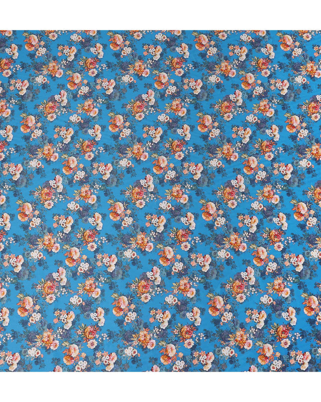 Cerulean Blue Bouquet Cotton Satin Fabric