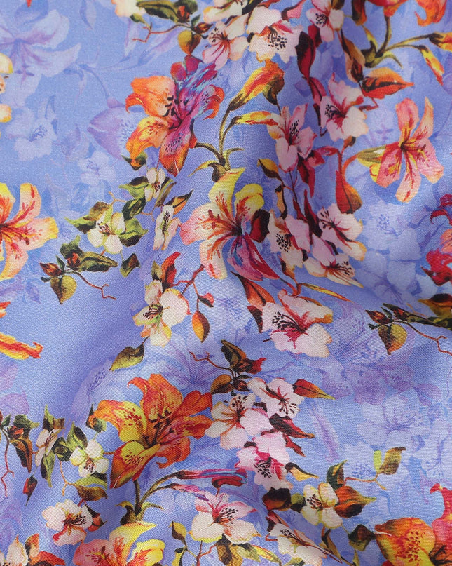 Periwinkle Blue Floral Cotton Satin Fabric