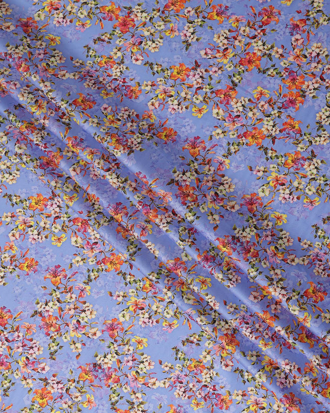 Periwinkle Blue Floral Cotton Satin Fabric