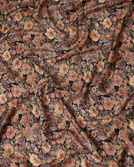 Jet Black Floral Cotton Satin Fabric by Meter