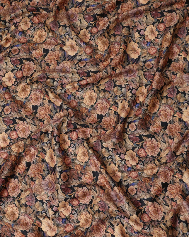Jet Black Floral Cotton Satin Fabric by Meter