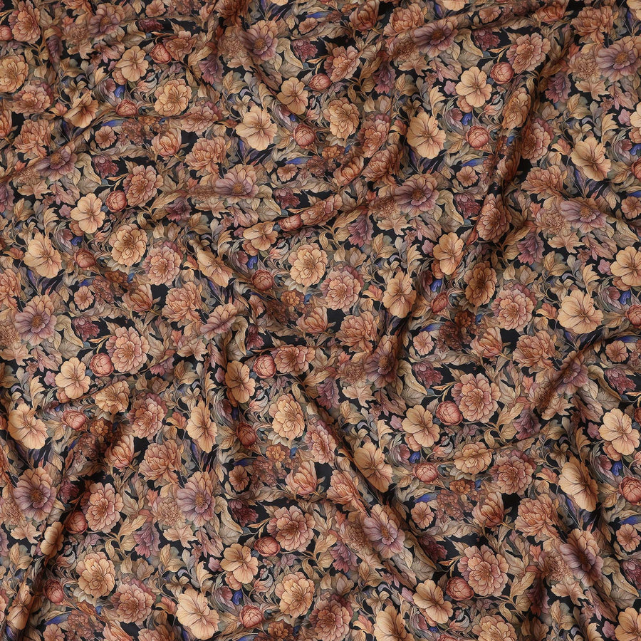 Jet Black Floral Cotton Satin Fabric by Meter
