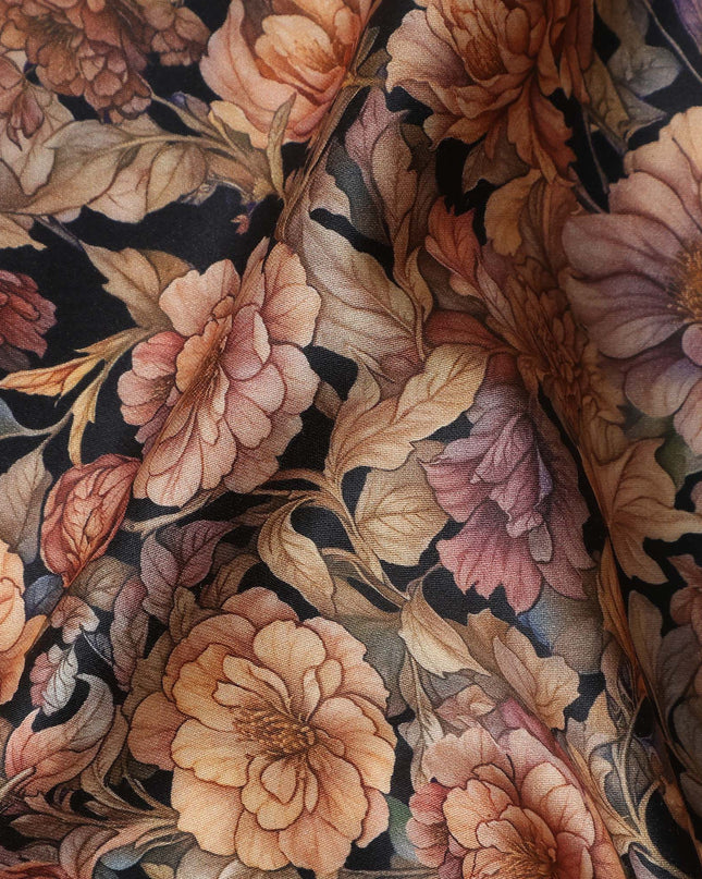 Jet Black Floral Cotton Satin Fabric by Meter