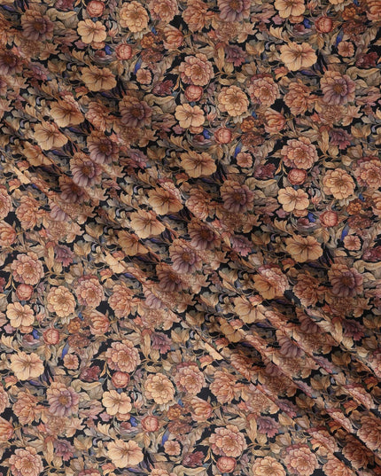 Jet Black Floral Cotton Satin Fabric by Meter