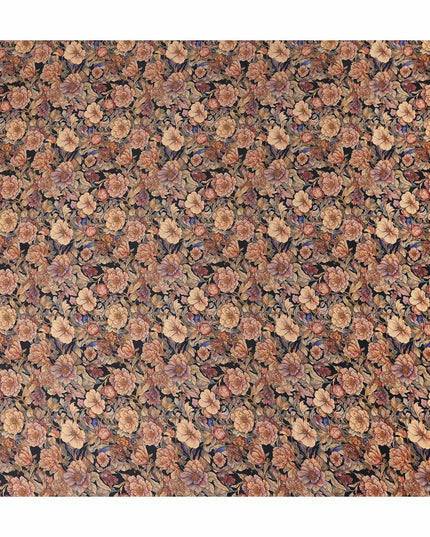 Jet Black Floral Cotton Satin Fabric by Meter