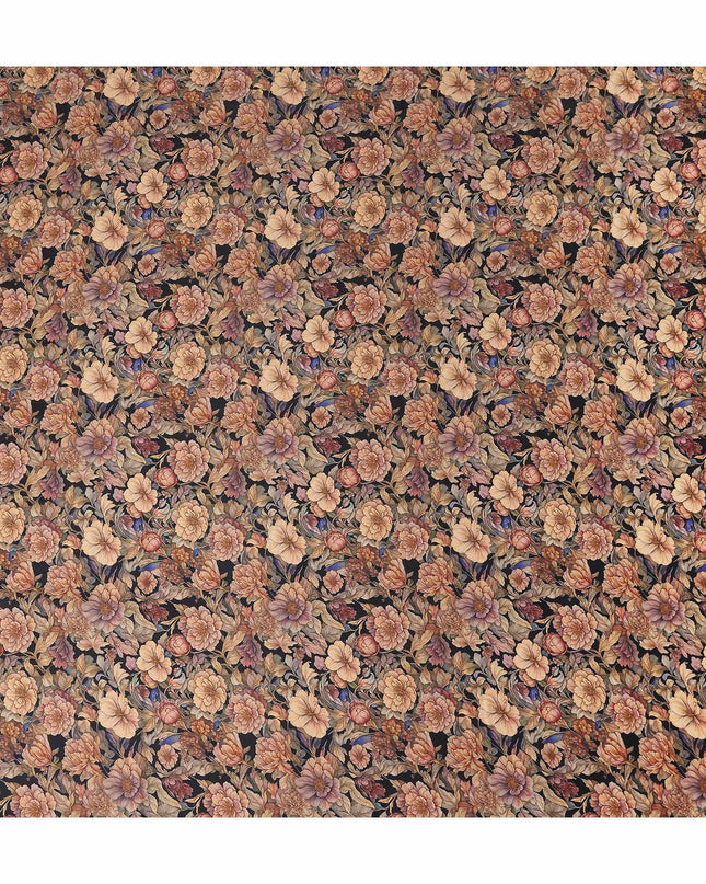 Jet Black Floral Cotton Satin Fabric by Meter