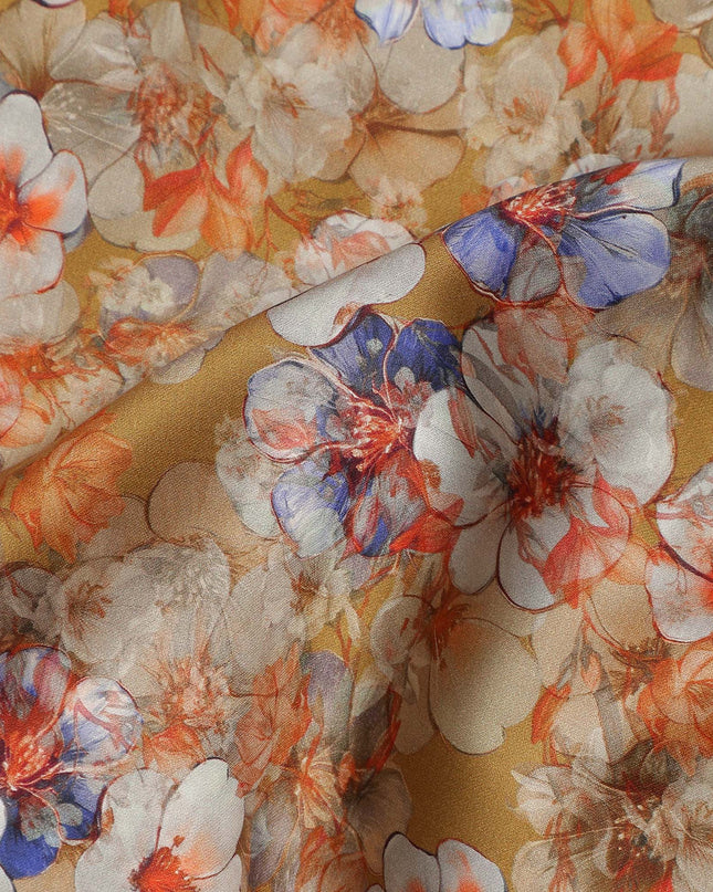 Amber Gold Floral Cotton Satin Fabric Online