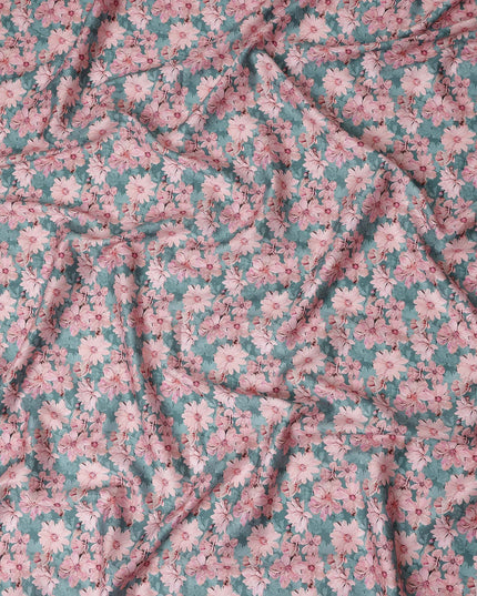 Teal Green Floral Cotton Satin Fabric