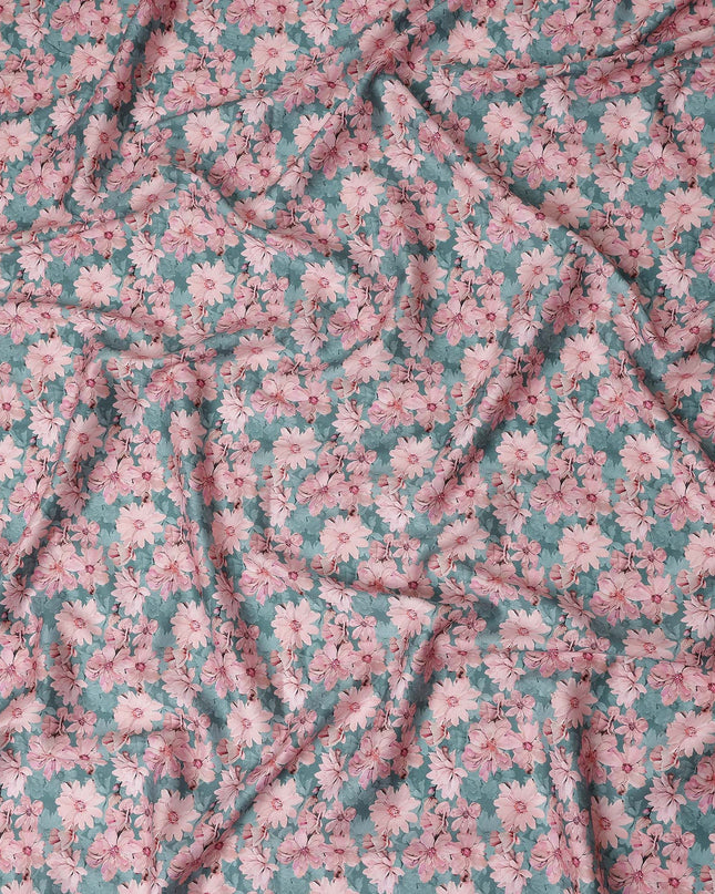 Teal Green Floral Cotton Satin Fabric