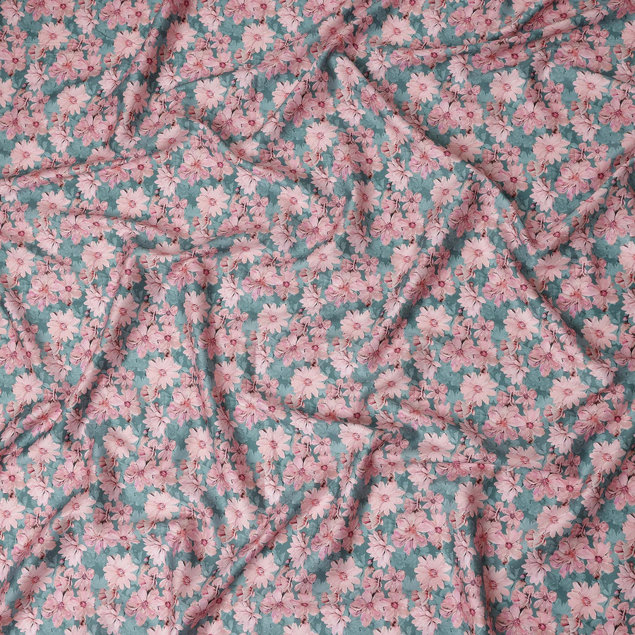 Teal Green Floral Cotton Satin Fabric