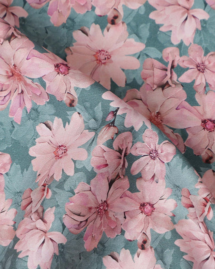 Teal Green Floral Cotton Satin Fabric