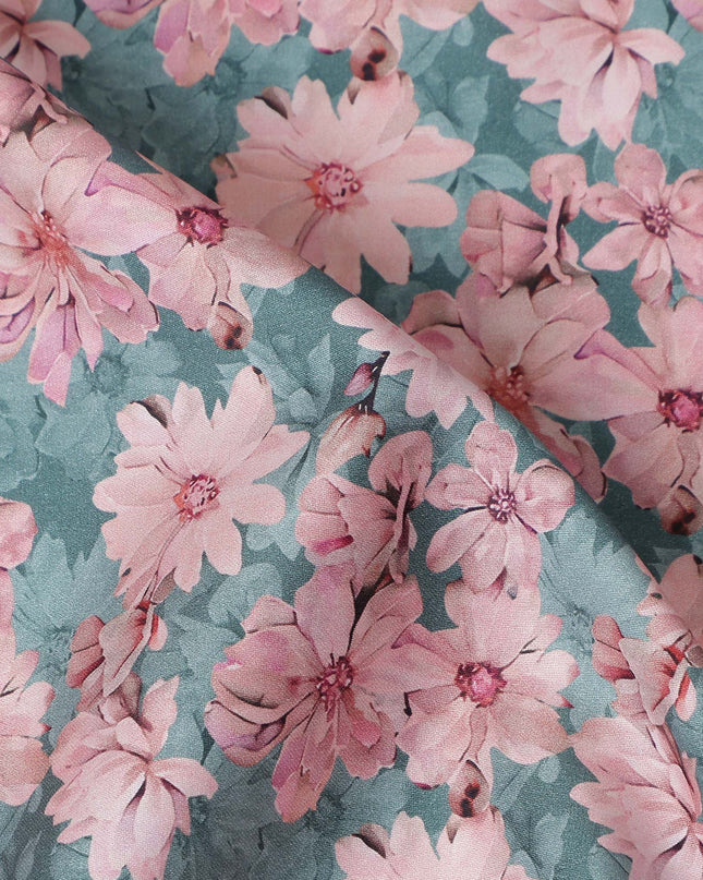 Teal Green Floral Cotton Satin Fabric