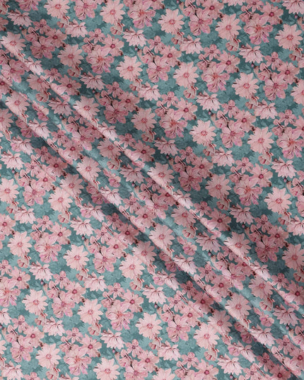 Teal Green Floral Cotton Satin Fabric
