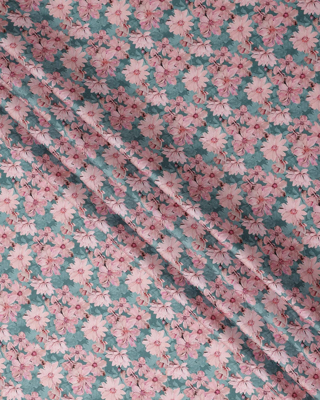 Teal Green Floral Cotton Satin Fabric