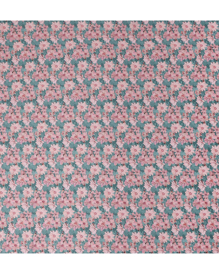 Teal Green Floral Cotton Satin Fabric