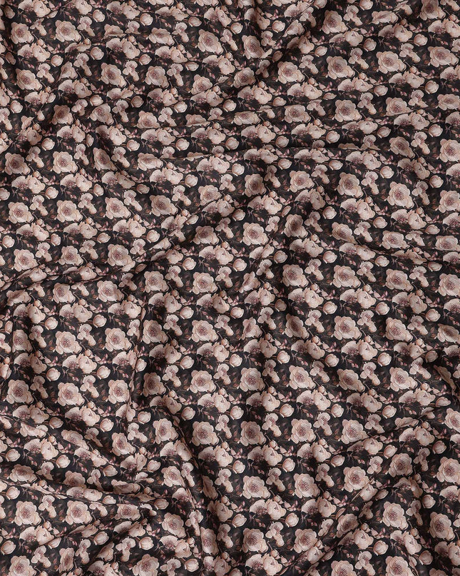 Charcoal Black Floral Cotton Satin Fabric