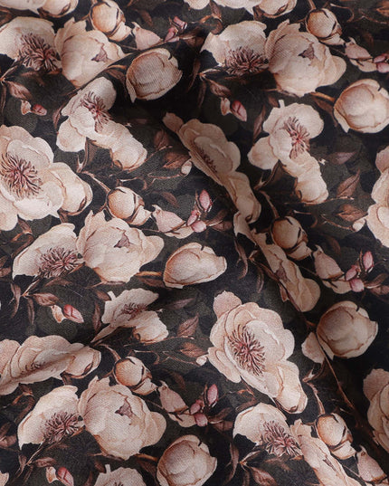 Charcoal Black Floral Cotton Satin Fabric
