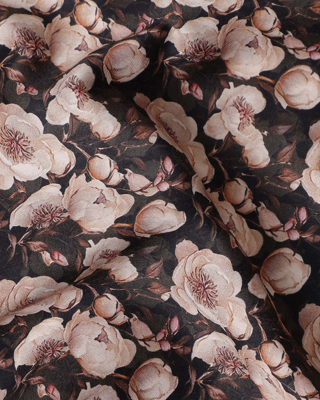 Charcoal Black Floral Cotton Satin Fabric