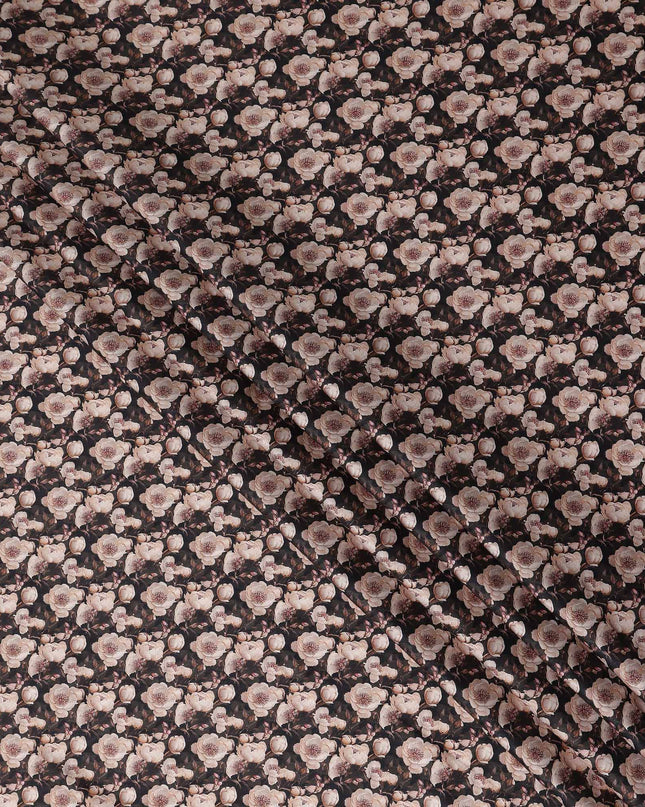 Charcoal Black Floral Cotton Satin Fabric