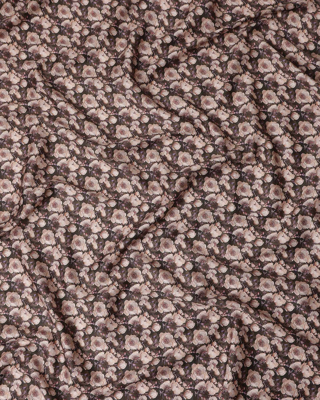 Olive Brown Floral Cotton Satin Fabric