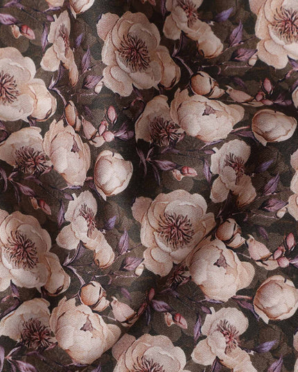 Olive Brown Floral Cotton Satin Fabric