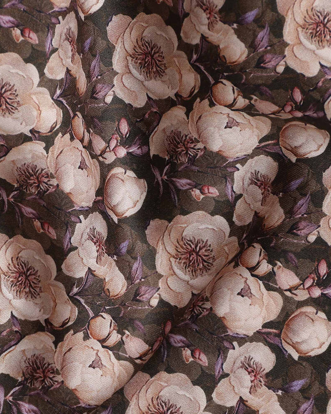 Olive Brown Floral Cotton Satin Fabric