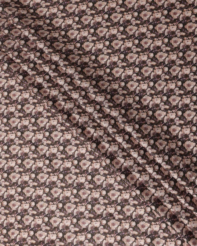 Olive Brown Floral Cotton Satin Fabric
