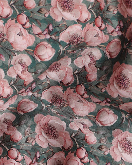 Forest Green Floral Cotton Satin Fabric