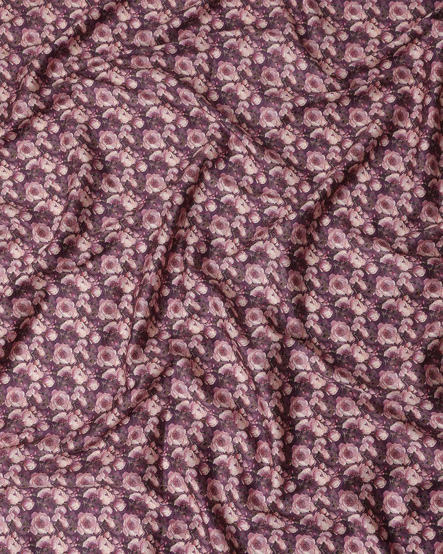 Plum Purple Floral Cotton Satin Fabric