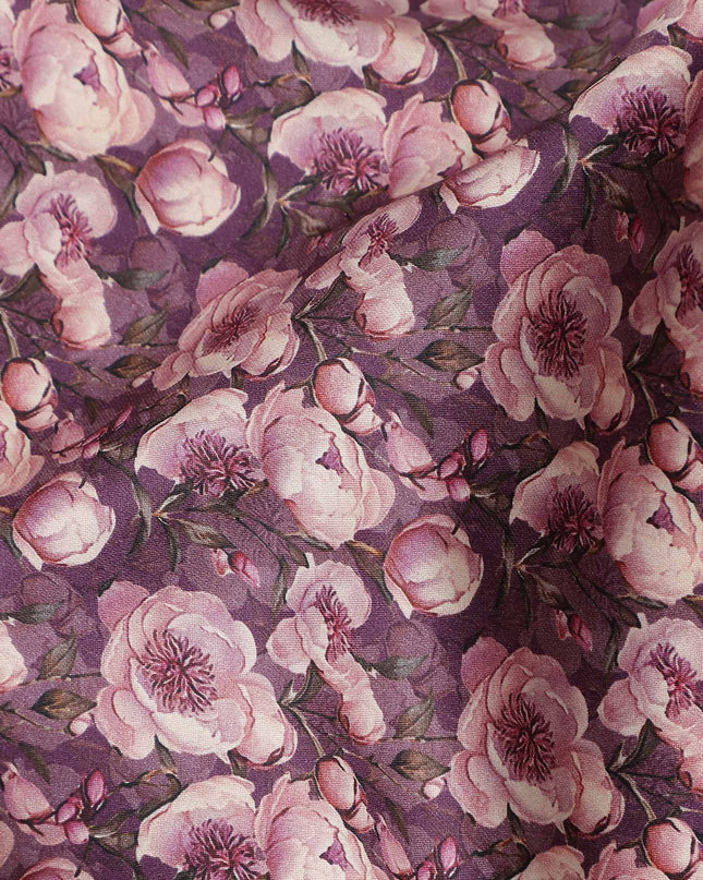 Plum Purple Floral Cotton Satin Fabric