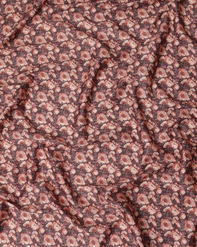 Mocha Brown Floral Cotton Satin Fabric