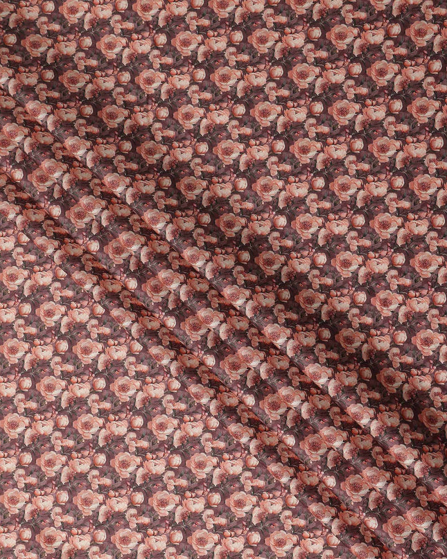 Mocha Brown Floral Cotton Satin Fabric