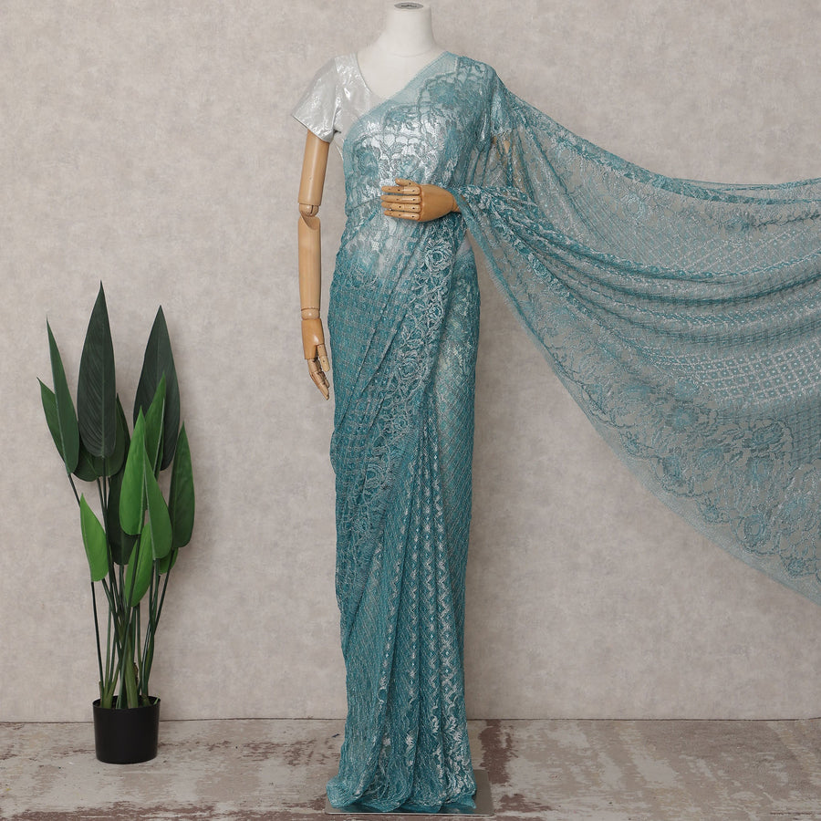 Teal Blue Chantilly Lace Saree - D31624