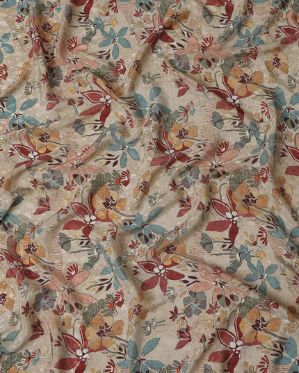 Ivory Cream Beige Printed Viscose Crepe Fabric 110cm