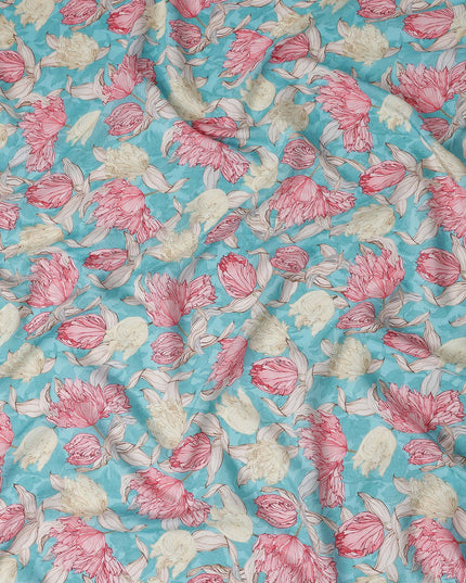 Turquoise Blue Floral Viscose Fabric by the Meter