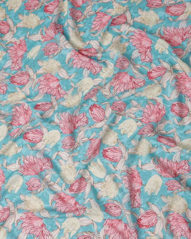 Turquoise Blue Floral Viscose Fabric by the Meter