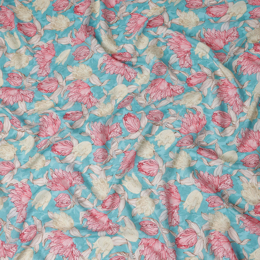 Turquoise Blue Floral Viscose Fabric by the Meter