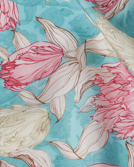 Turquoise Blue Floral Viscose Fabric by the Meter