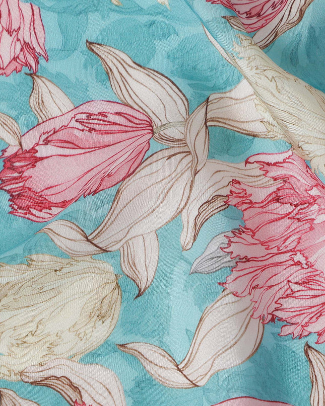 Turquoise Blue Floral Viscose Fabric by the Meter