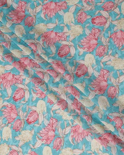Turquoise Blue Floral Viscose Fabric by the Meter