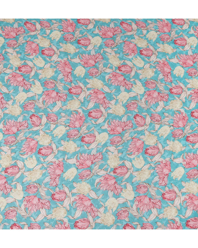 Turquoise Blue Floral Viscose Fabric by the Meter