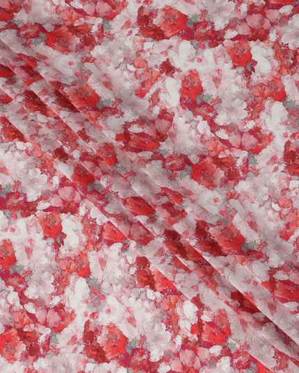 Coral Red Abstract Viscose Fabric by the Meter