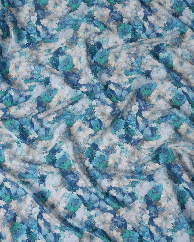 Turquoise Blue Abstract Viscose Fabric | By Meter