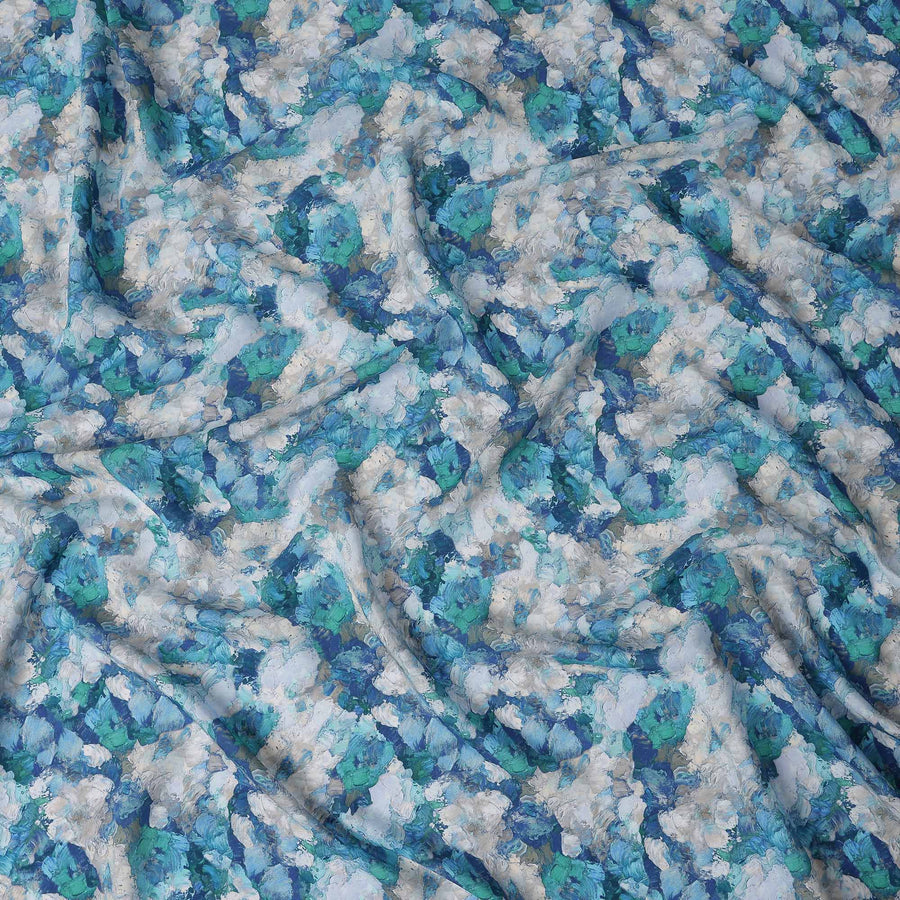 Turquoise Blue Abstract Viscose Fabric | By Meter