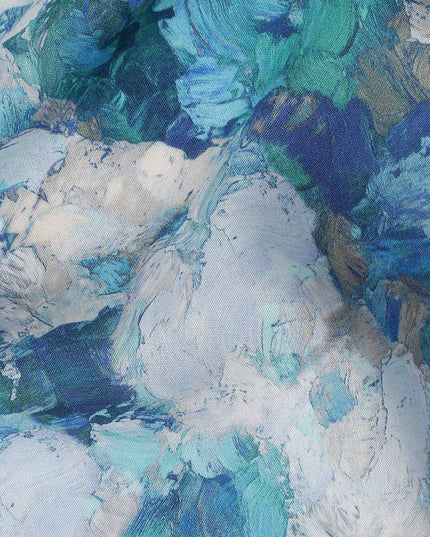Turquoise Blue Abstract Viscose Fabric | By Meter