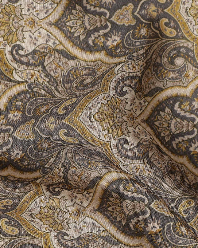 Grey Paisley Print Viscose Fabric by Meter