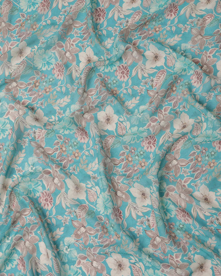 Teal Blue Floral Viscose Georgette Fabric