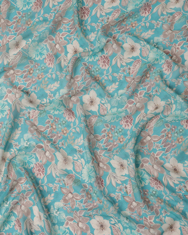 Teal Blue Floral Viscose Georgette Fabric