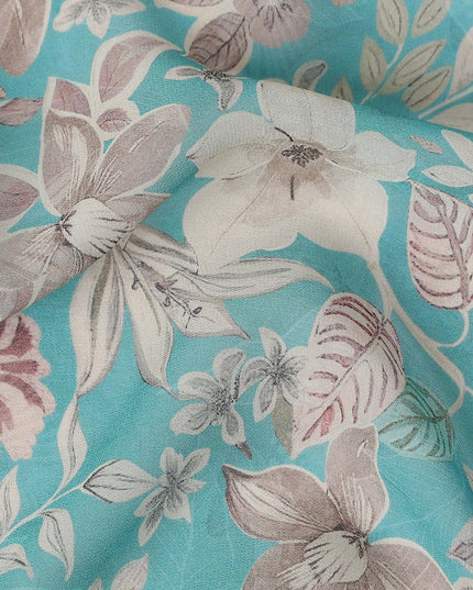Teal Blue Floral Viscose Georgette Fabric